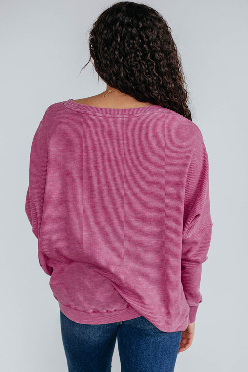 Waffle Knit Drop Shoulder Wide Crewneck Banded Hem Loose Fit Top